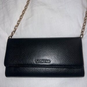 Valentino Black Leather Clutch with Gold Chain